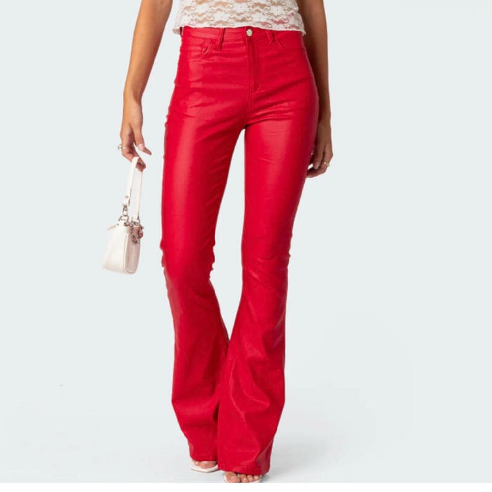 EDIKTED red high rise coated flare jeans sz S